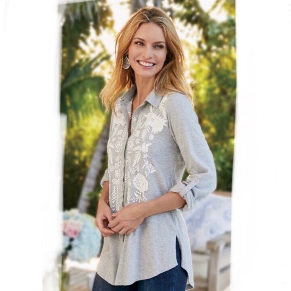 Soft Surroundings Madie Tunic Floral Embroidered Shirt Size Large Coastal Boho